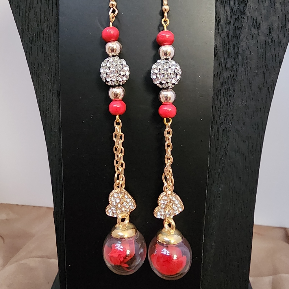 BrazenSoul Elegant Red Rose Romantic Glass Globe Statement Earrings